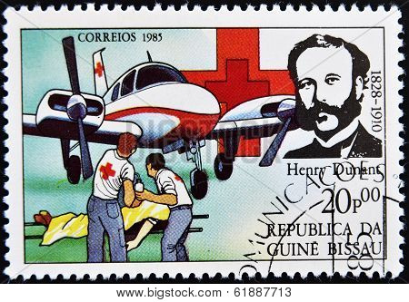 GUINEA BISSAU - CIRCA 1985: A stamp printed in Guinea Bissau shows Henry Dunant