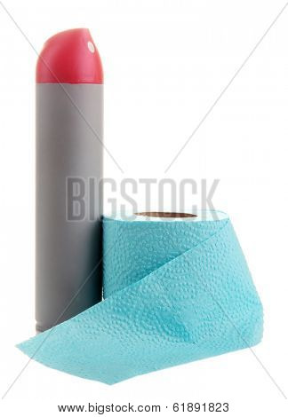Color toilet paper roll and air fresher. isolated on white