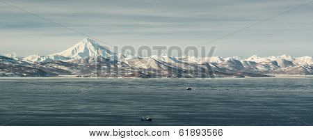 Panoramic View Of Viliuchinsky Volcano. Krasheninnikova Bay And Avacha Bay. Kamchatka. Russia