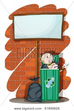 Illustration of a baby inside the trashcan below an empty signboard on a white background