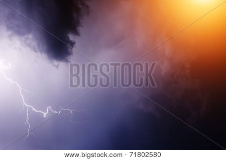 Dark ominous clouds. Thunderstorm with lightning.