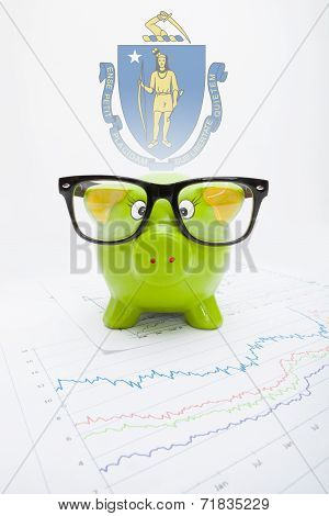 Piggy Bank With Us State Flag On Background - Massachusetts