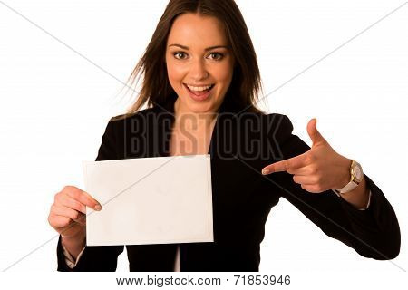 Preety Assian Caucasian Woman Holding A White Card