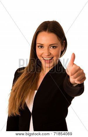 Preety Asian Caucasian Business Woman Gesturing Success Showing Thumb Up