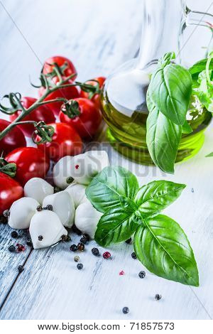 Cherry tomatoes, basil leaves, mozzarella cheese and olive oil for caprese salad.