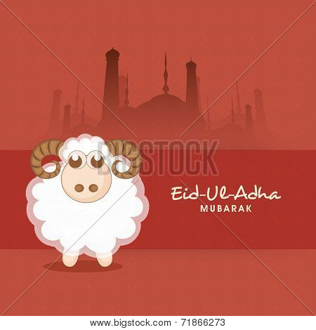 Muslim community festival of sacrifice Eid-Ul-Adha greeting card with sheep on mosque silhouette background. 