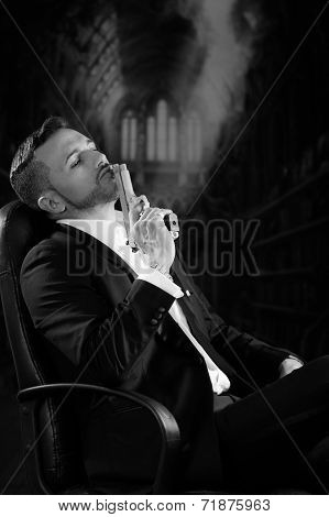 Elegant man sitting in a chair holding  gun over dark background