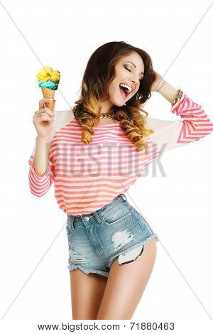 Pleasure. Cute Young Woman With Ice Cream Enjoying Life