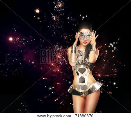 Firework. Woman Over Festive Backrgound In Theatrical Costume