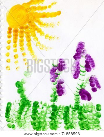Child fingerpainting of grapevines, sun a grass