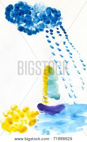 Child fingerpainting of a ship, sea and rain