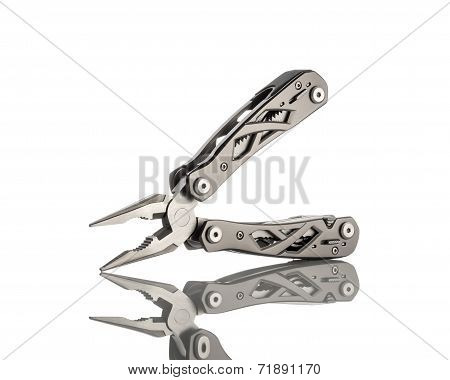 stanless steel multitool isolated on white