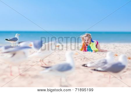 Little Girl Playing With Seagulls
