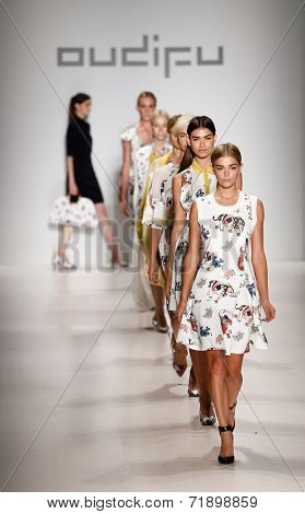 NEW YORK-SEP 8: Model Danielle Knudson leads models on the runway at the OUDIFU fashion show at Mercedes-Benz Fashion Week Spring/Summer 2015 at Lincoln Center on September 8, 2014 in New York City.