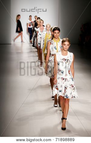 NEW YORK-SEP 8: Model Danielle Knudson leads models on the runway at the OUDIFU fashion show at Mercedes-Benz Fashion Week Spring/Summer 2015 at Lincoln Center on September 8, 2014 in New York City.