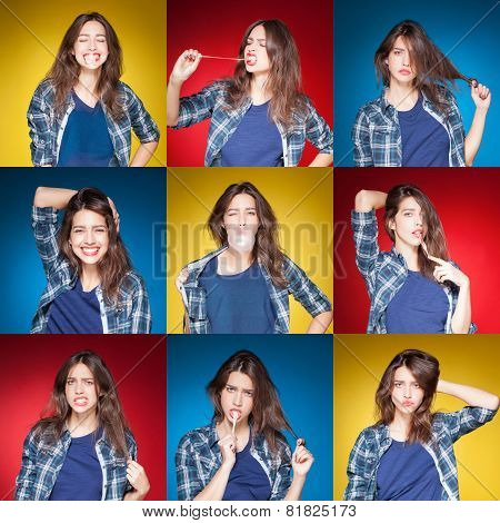 beauty collage, young beautiful girl posing grimacing with chewing gum
