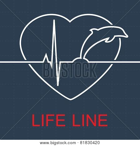 Vector life line dolphin and pulse in heart