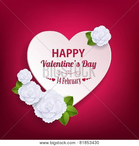 Valentines day typographical background with paper heart and flowers .