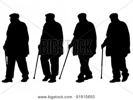 Elderly people with cane one white background