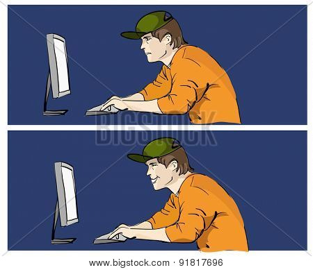 Young man worcking on pc. Raster version