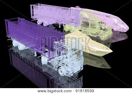 Types of transport. 3d model on black background 