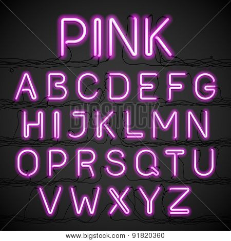 Pink neon glow alphabet with wires. Vector. 