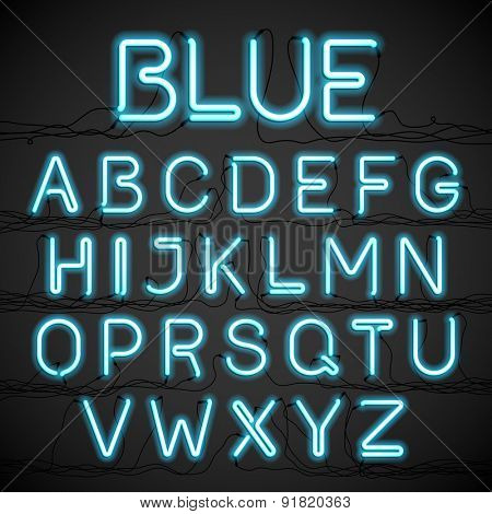 Blue neon glow alphabet with wires. Vector. 