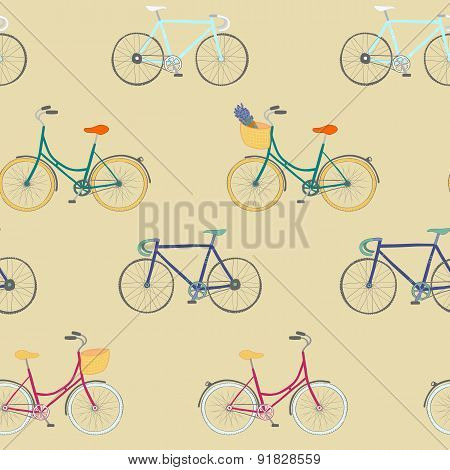 Seamless pattern with colorful hand drawn bikes