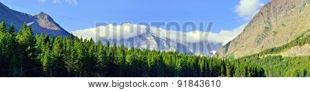 Wide Panoramic View Of The  High Alpine Landscape In Glacier National Park, Montana