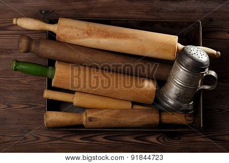 Vintage  Baking utensils collection - rolling pins and flour sifter