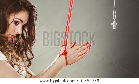 Tied Woman Forced To Pray. Fake Faith. Religion.