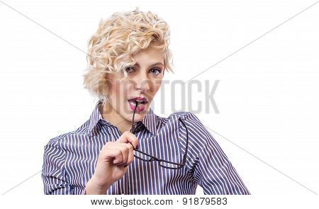 Expressive Schoolteacher - Teacher Playing With Their Spectacles Or Eyeglasses, Isolated On White Ba