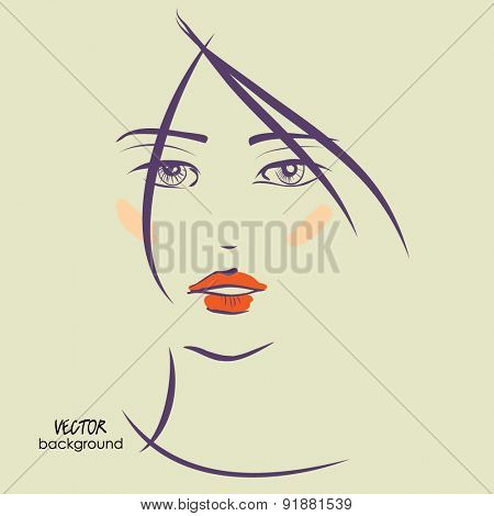 art sketched vector of girl face symbols with short straight hair and red lips
