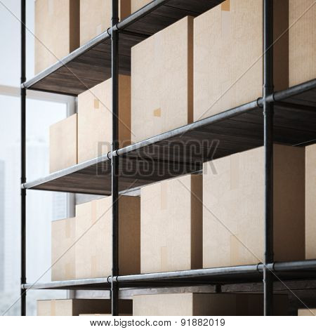 Shelves with cardboard boxes. 3d rendering