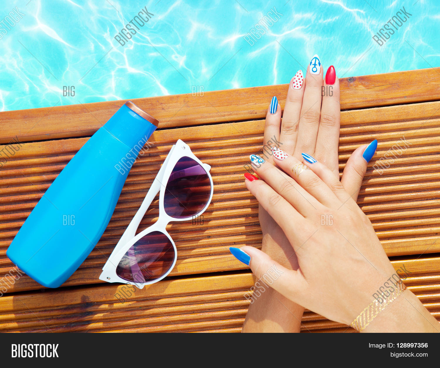 Woman Lying Down By Image Photo Free Trial Stock Woman Lying Down By The Pool Marine Sailor Gel Nails Close Up Summer Beauty Concept