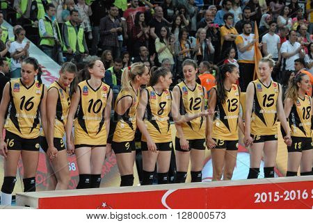 ANKARA TURKEY-APRIL 30, 2016 : Volleyball Women 1st League of Turkey Champion Vakifbank Volleyball Team Players at the Baskent Volleyball Hall during the championship celebration session. April 30, 2016-Ankara/Turkey