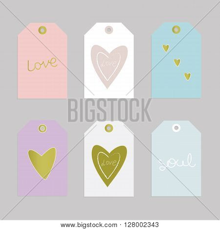 Set of six cute gift tags in pastel colors. Love, soul, gold hearts. Vector collection seasonal badge design. Valentines day. Wedding.