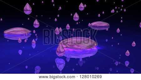 Purple Rain drops falling on blue surreal reflective ocean.
3D Rendering, Illustration.