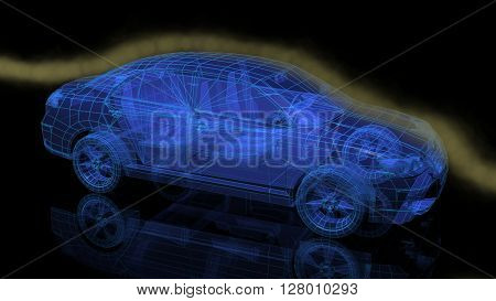 Car in wind tunnel, wireframe transparent surface, 
3D Rendering
