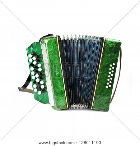 view of green bayan isolated on white background