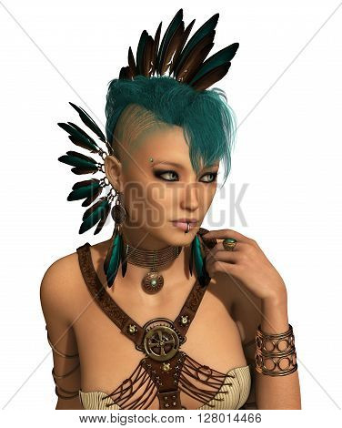 3d computer graphics of a young woman with a Steampunk outfit feather jewelry and a Mohawk hairstyle