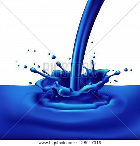 Pouring of blue paint with splashes. Bright illustration on white background