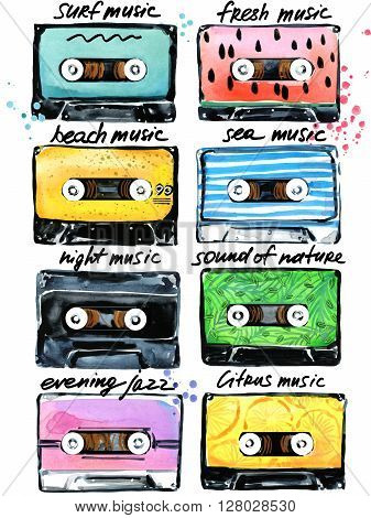 Retro Cassettes. Audio cassettes illustration. Summer time music. Watercolor cassettes illustration. Audio cassette. Retro cassette collection. T-shirt design