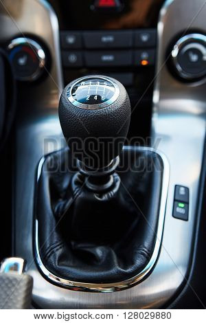 Six Speed Stick Shift Car Transmission. Stick Shift Driving. Modern Car Interior.