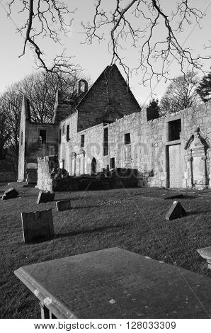 An ancient graveyard and the ruins of St. Bridgets Kirk
