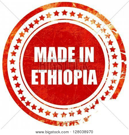 Made in ethiopia, grunge red rubber stamp on a solid white background