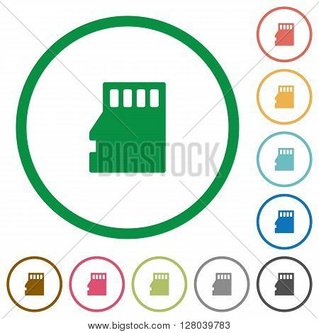 Set of Micro SD memory card color round outlined flat icons on white background