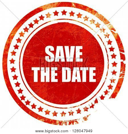 save the date, grunge red rubber stamp on a solid white background