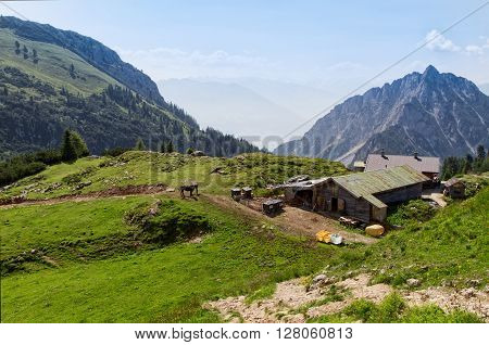 Summer mountains landscape rural scenic in the Rofan mountains. Alps Austria Tirol.