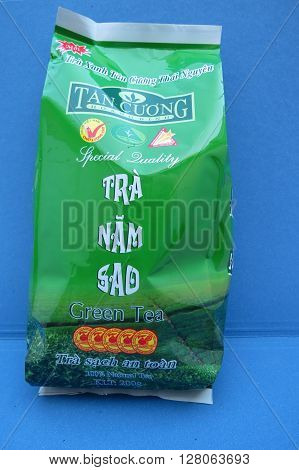 LONDON UK - CIRCA MARCH 2016: Tan Cuong - Tra Nam Sad green tea from Viet Nam packaging
